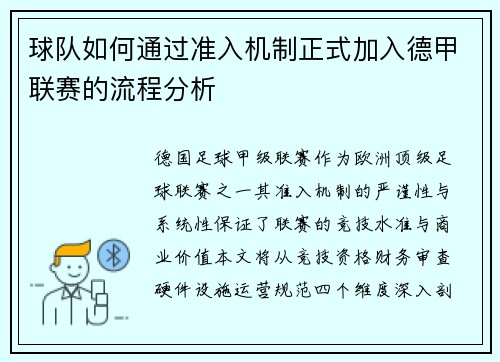 球队如何通过准入机制正式加入德甲联赛的流程分析